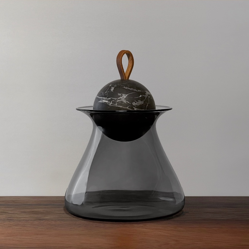 Decorative Triangular Smoked Glass Jar with Natural Black Marble Ball Lid